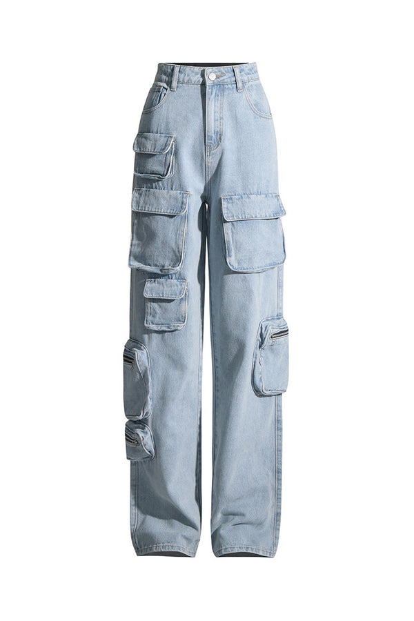 Asymmetric Cargo Pocket Distressed High Waist Straight Leg Faded Jeans