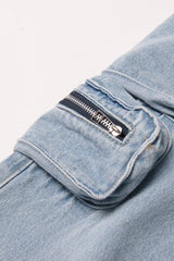 Asymmetric Cargo Pocket Distressed High Waist Straight Leg Faded Jeans