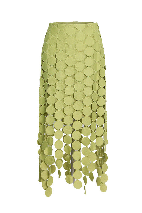 Asymmetric High Waist Laser Cut Out Circle Guipure Lace Fringe Midi Skirt