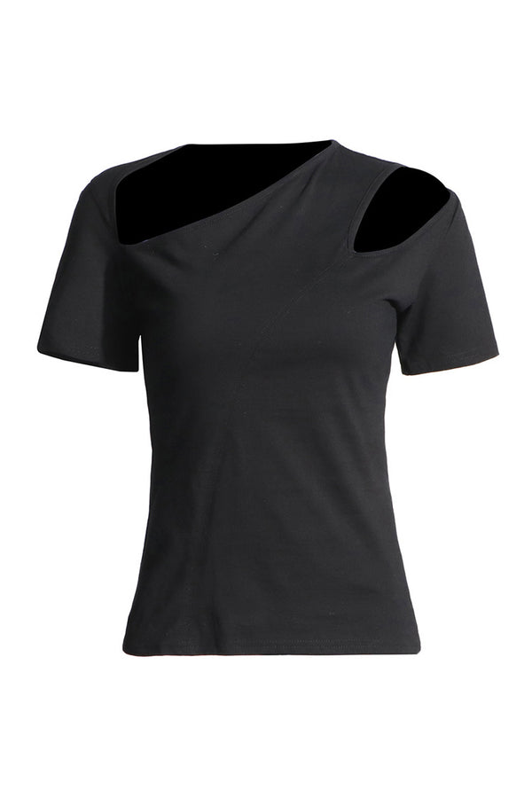 Asymmetrical Neck Cut Out Trim Monochrome Short Sleeve Slim Fit T Shirt