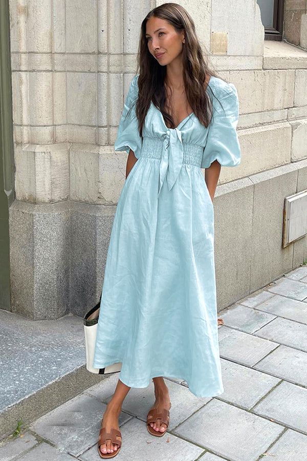 Casual Tie Front Puff Sleeve Cotton Linen Beach Vacation Midi Dress - Sky Blue
