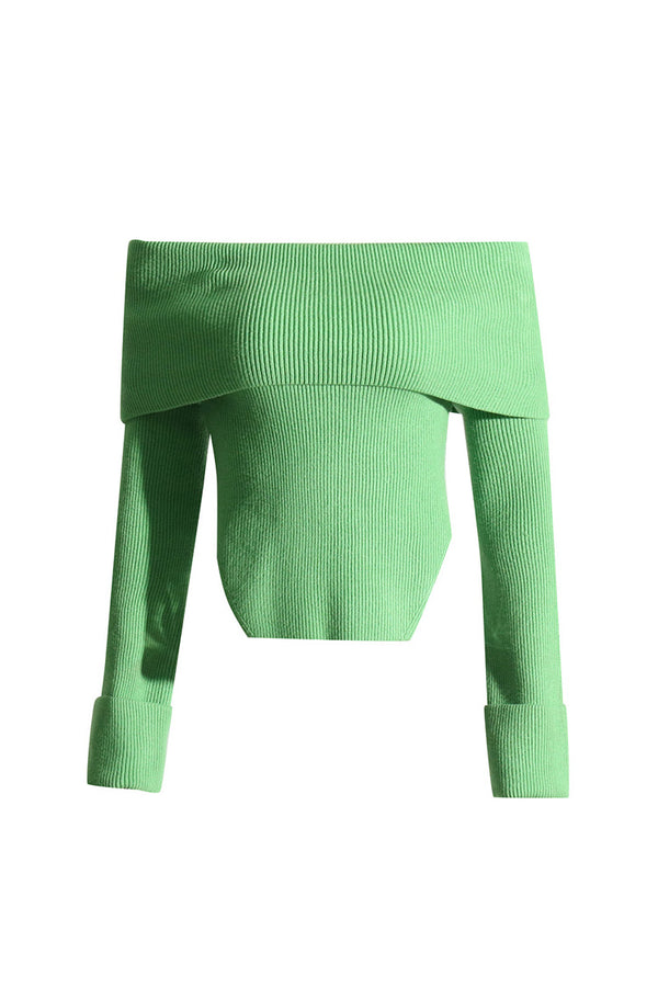 Chic Folded Off Shoulder Long Sleeve High Low Side Slit Ribbed Knit Sweater