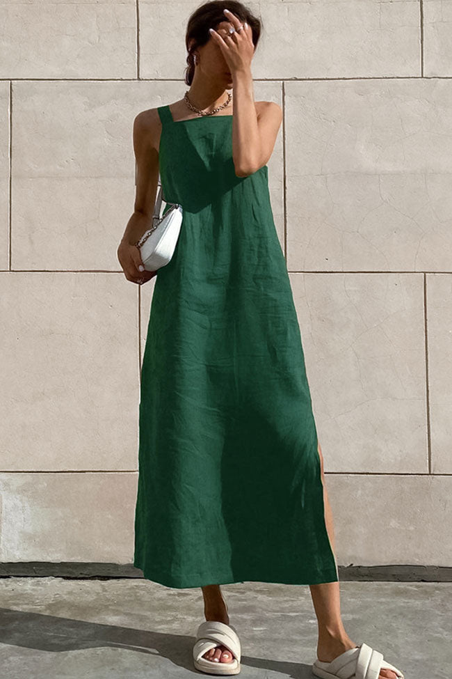 Chic Square Neck A Line Linen Blend Split Summer Midi Sundress - Green –  Rosedress