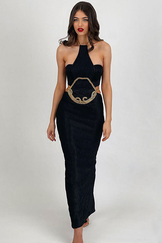Classy Halter Sleeveless Chained Cutout Ribbed Bandage Cocktail Midi D Rosedress