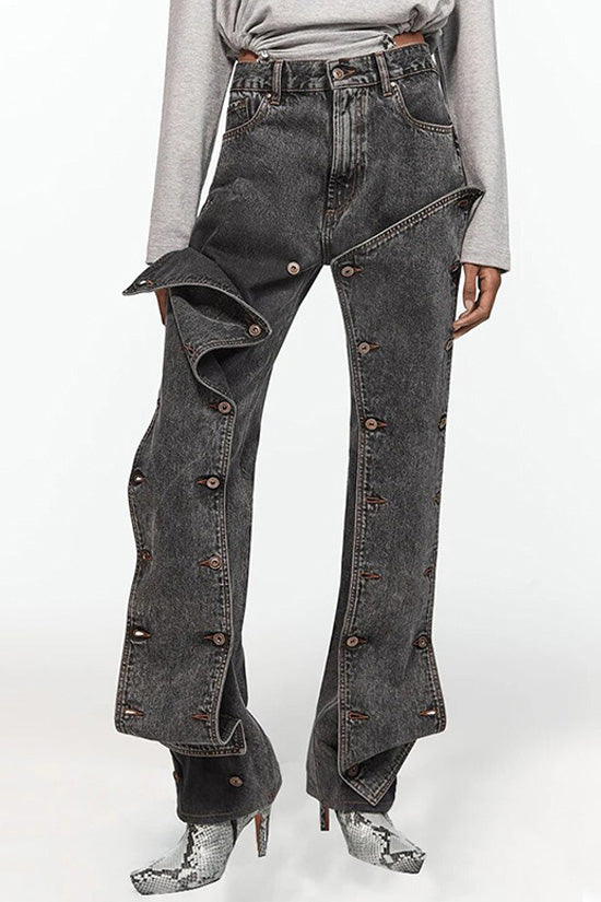 Creative DIY Button High Waist Straight Leg Full Length Denim Jeans