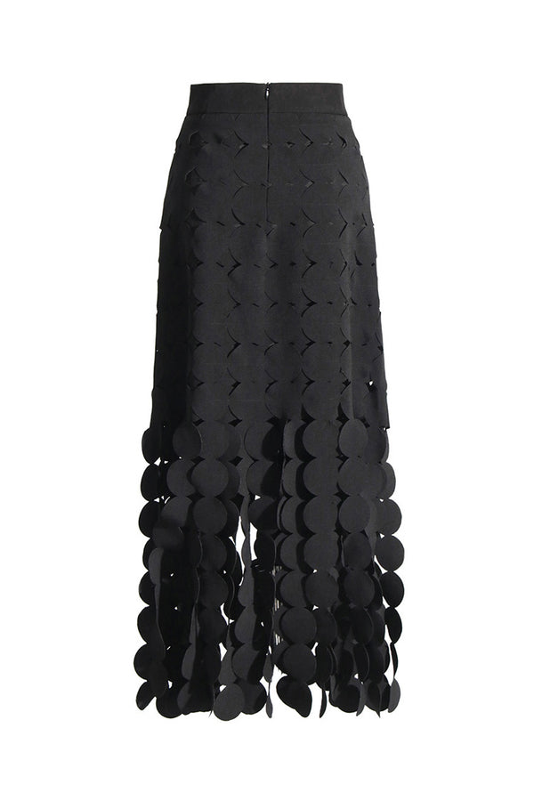 Creative High Waist Laser Cut Out Circle Guipure Lace Fringe Maxi Skirt