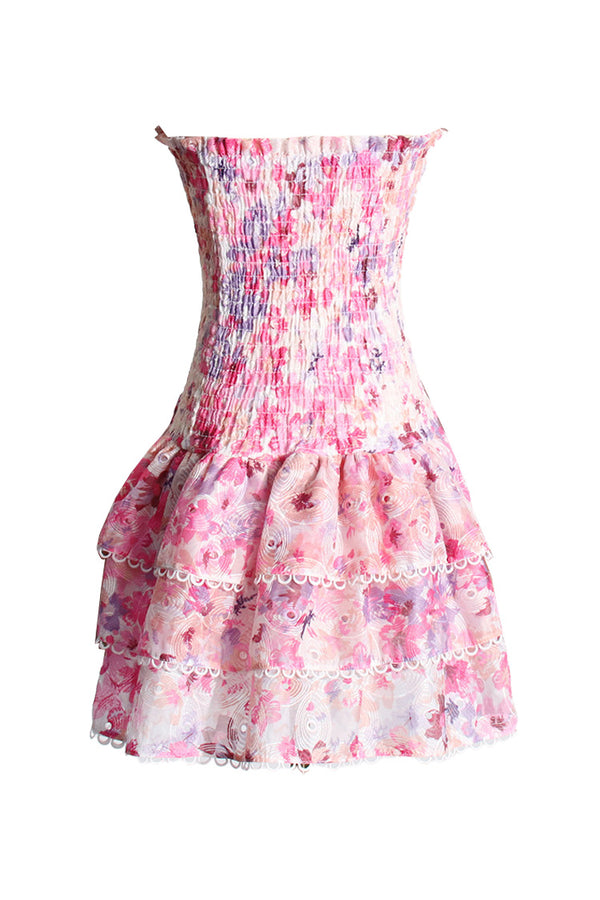 Cute Ruffle Strapless Smocked Broderie Anglaise Tiered Floral Mini Dress