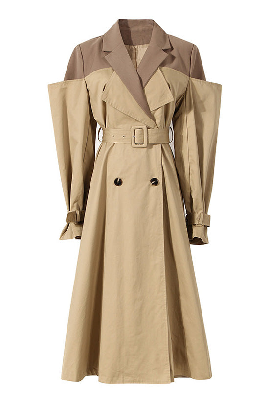 Deconstructed Hybrid Lapel Double Breasted Cinch Waist Belted Trench Coat