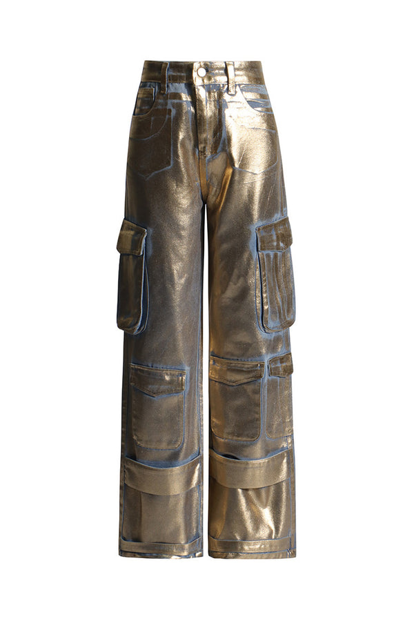 Distinctive Gold Foil High Waist Wide Leg Cargo Pocket Full Length Jeans