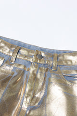 Distinctive Gold Foil High Waist Wide Leg Cargo Pocket Full Length Jeans