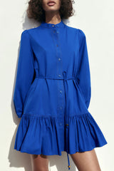 Elegant Button Down Bishop Sleeve A line Ruffle Shirt Mini Dress - Royal Blue