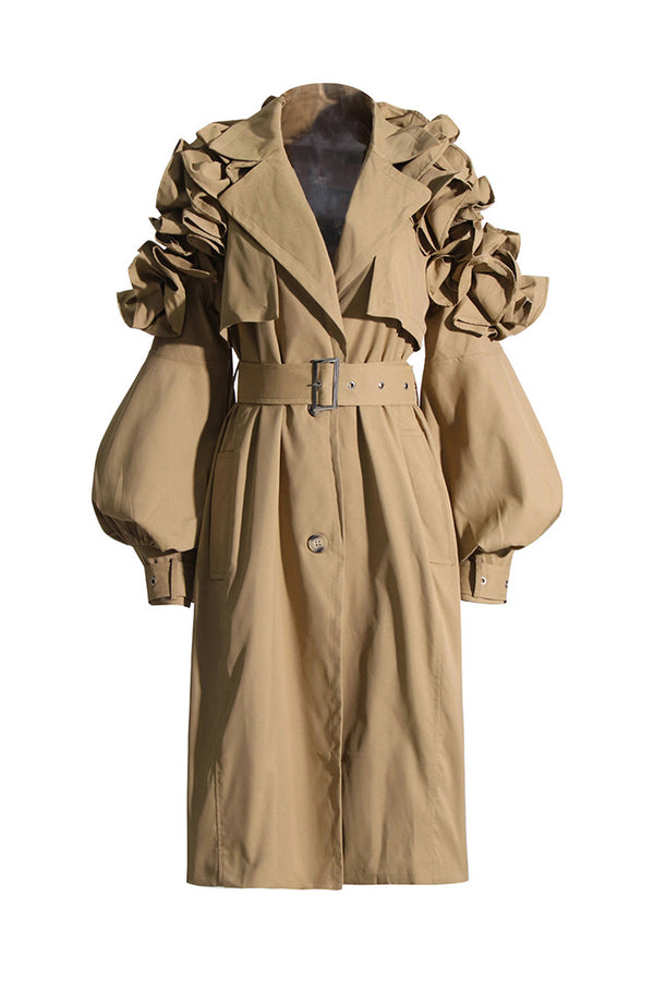 Elegant Puff Sleeve Button Front Belted Cinch Waist Ruffle Trench Coat