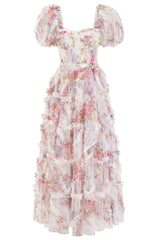 Fairytale Floral Tulle Puff Sleeve Bow Tie Layered Ruffle Maxi Gown Dress - Cream