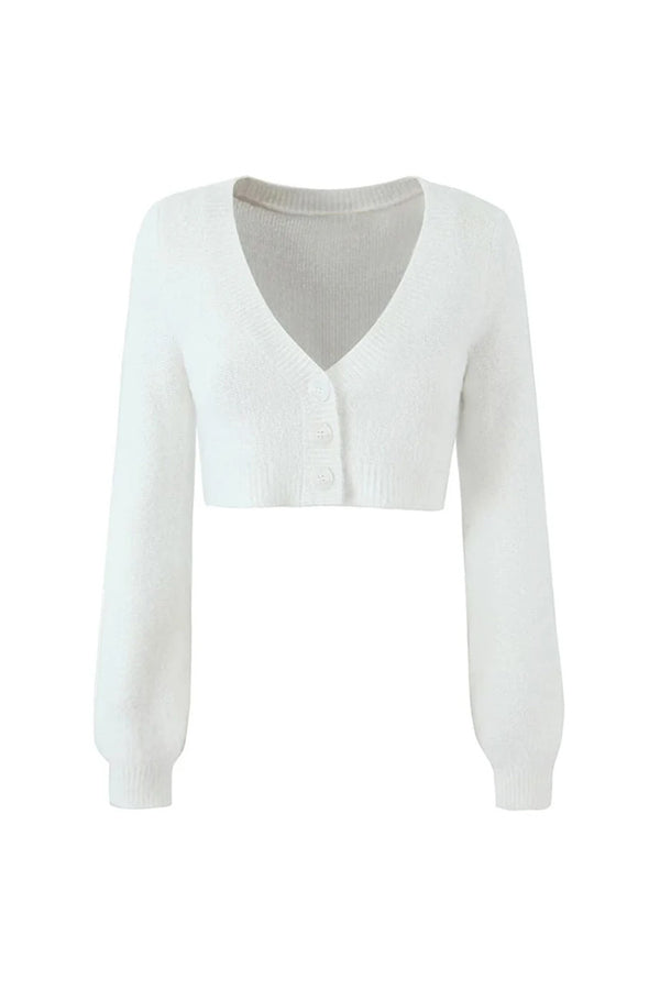Fluffy Soft Solid Color V Neck Single Breasted Long Sleeve Cropped Cardigan