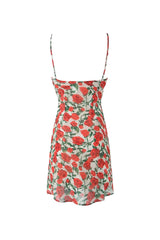 French Style Ruched Tie Neck Floral Printed Summer Slip Mini Sundress