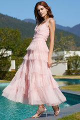 French Style Ruffle V Neck Sleeveless Tiered Tulle Evening Maxi Dress - Pink