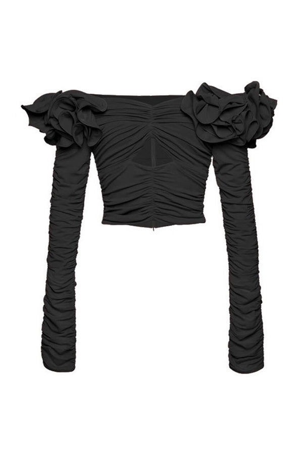 Glamorous Off Shoulder Rosette Trim Long Sleeve Ruched Cutout Crop Top
