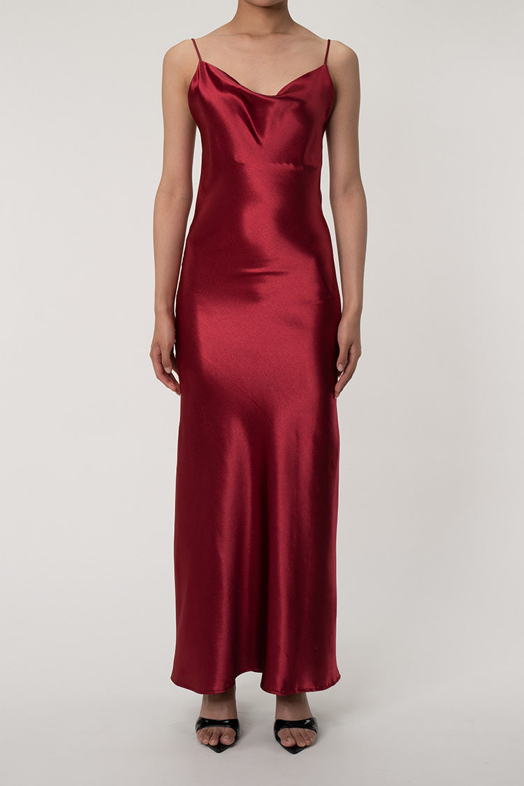 Lavish Cowl Neck Spaghetti Strap Backless Fishtail Satin