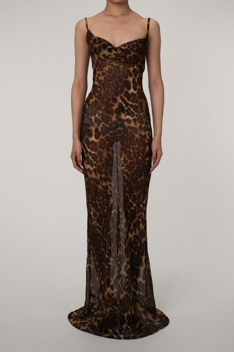 Leopard Spaghetti Strap Cowl Neck Chiffon Slip Maxi Dress