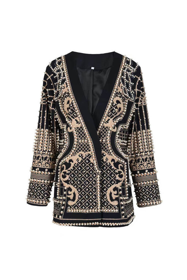 Luxury Faux Pearl Embellished Printed Plunge Shoulder Pad Party Blazer