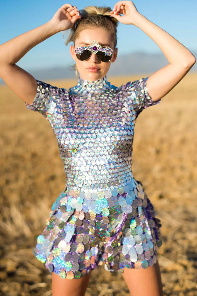 Mermaid Sequin High Neck Sleeved Fit Flare Printed Party Mini Dress Purple