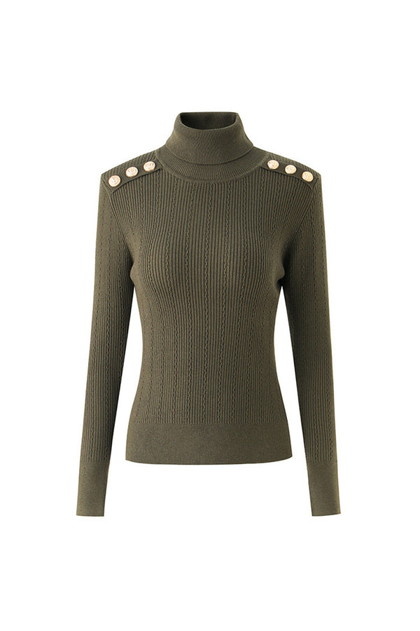 Metallic Button Long Sleeve Wool Blend Turtleneck Ribbed Knit Sweater