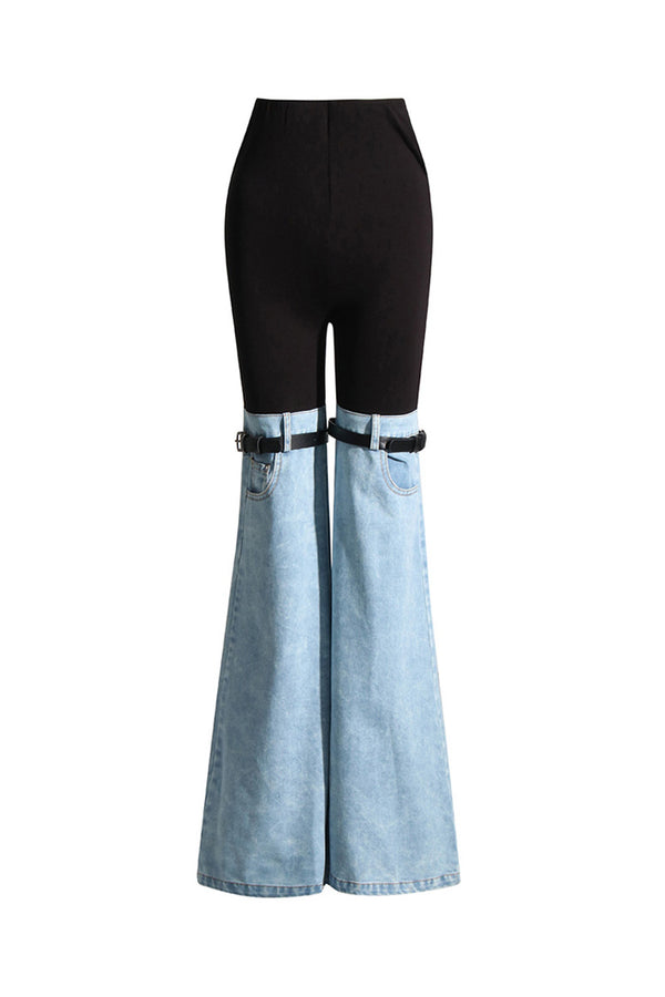Offbeat Bicolor High Waist Belted Leg Full Length Hybrid Flare Denim Jeans