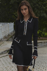 Preppy Chic Contrast Collar Button Up Long Sleeve Ribbed Knit Sweater Mini Dress - Black