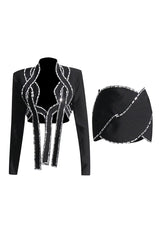 Punk Rhinestone Braided Rope Cutout Crop Blazer Two Piece Mini Dress - Black