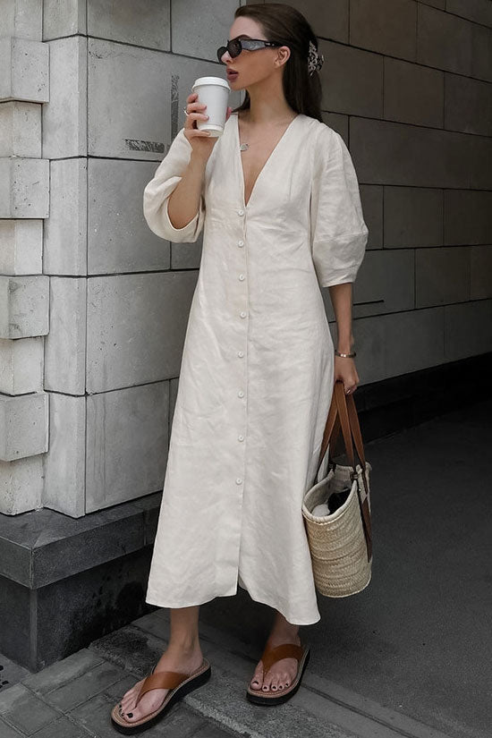 Ralaxed V Neck Button Up Puff Sleeve Linen Blend Midi Dress - Off