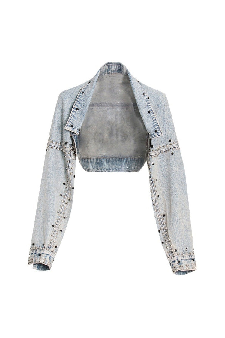 Retro Drop Shoulder Long Sleeve Open Front Studded Crop