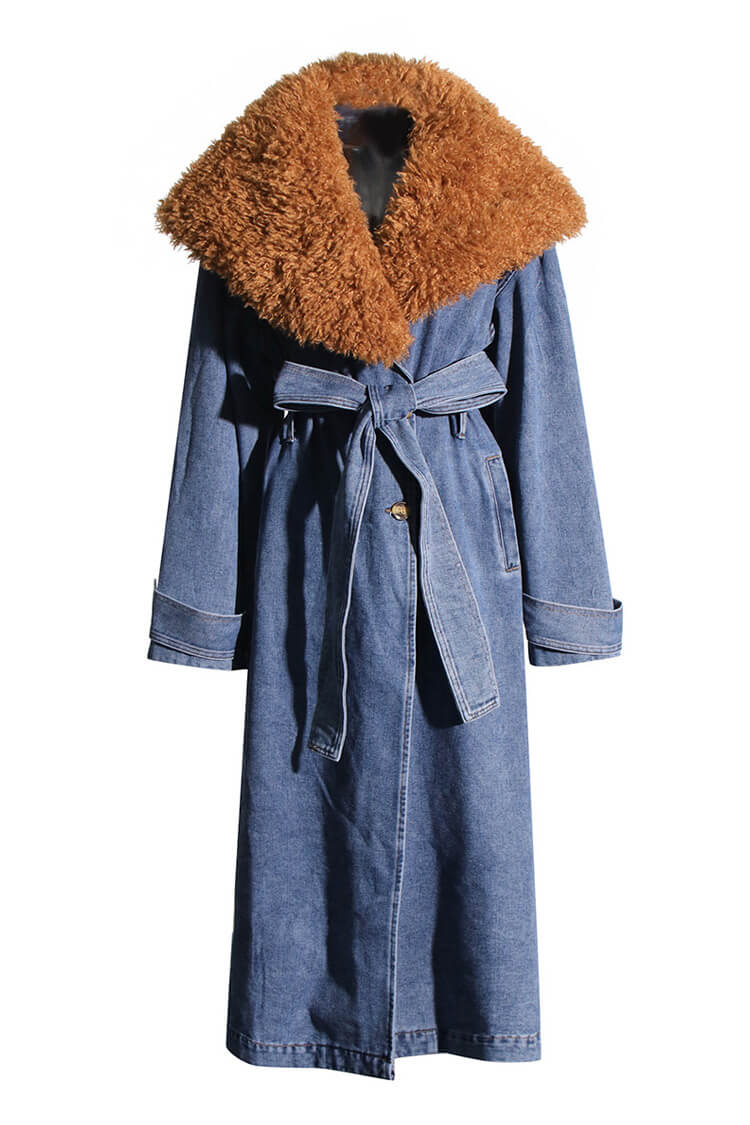 Retro Faux Fur Collar Button Up Belted Cinch Waist Denim