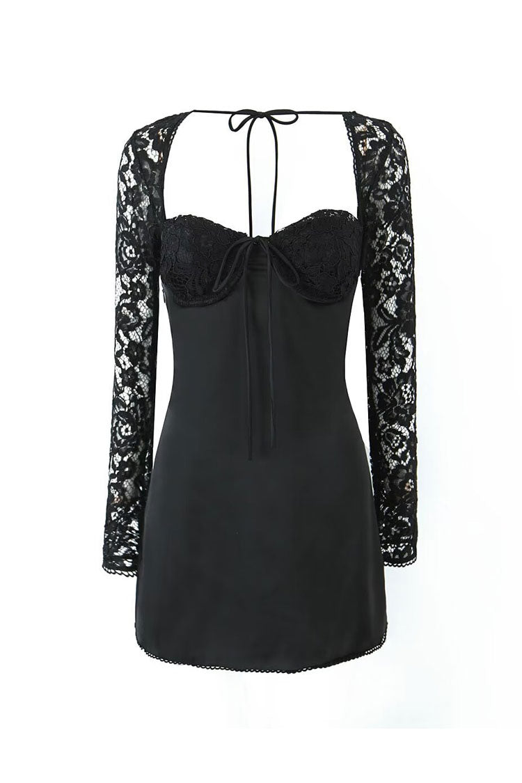 Sexy Bow Tie Bustier Lace Sleeve Smocked Lace Up Satin Party