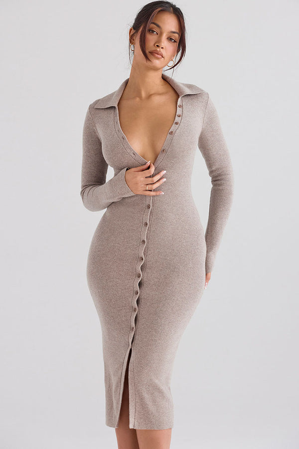 Sexy Collared Button Down Long Sleeve Bodycon Rib Knit Sweater Midi Dress - Camel
