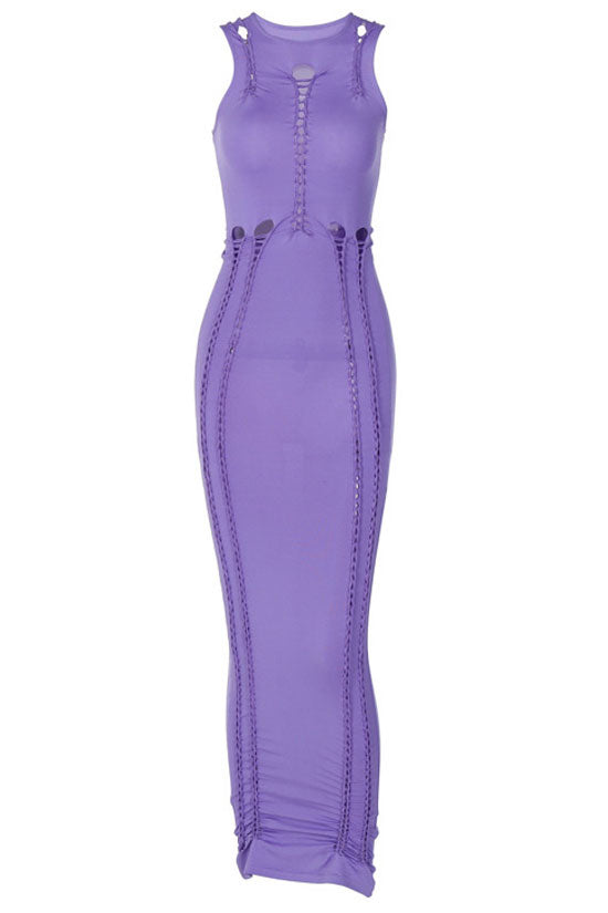 Sexy Crew Neck Braided Cutout Sleeveless Bodycon Cocktail Midi Dress - Purple