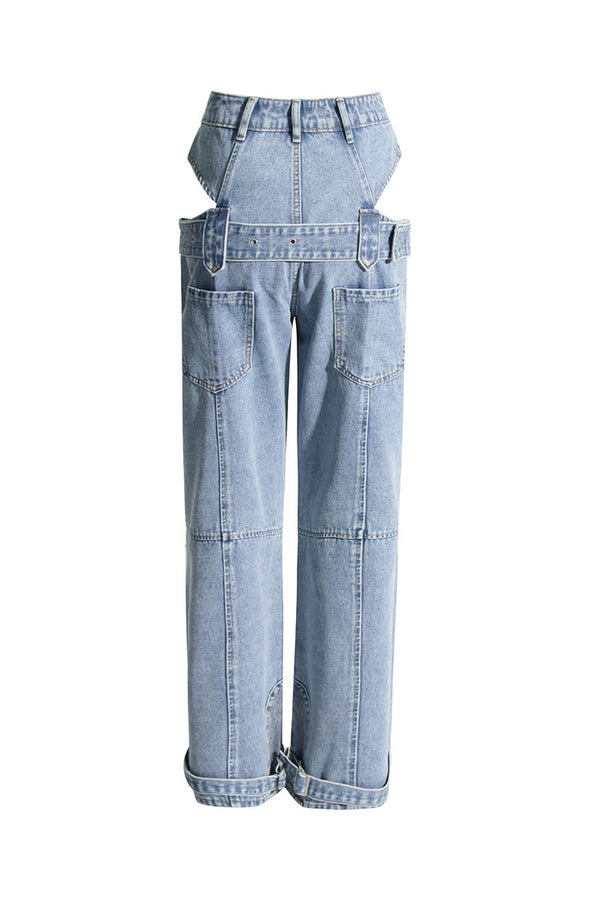 Sexy Cutout Double Waist High Rise Belted Detail Full Length Straight Jeans