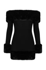 Sexy Faux Fur Off The Shoulder Long Sleeve Winter Bodycon Party Mini Dress - Black