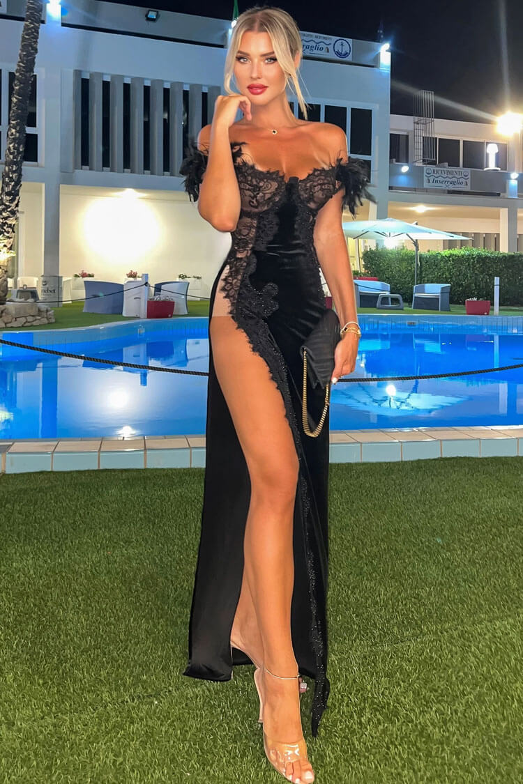 Sexy Feathery Off Shoulder Lace Bustier Thigh Split Velvet Evening Maxi Dress - Black