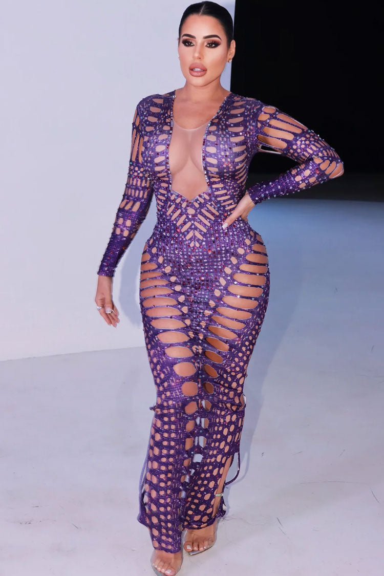 Sexy Mesh Deep V Long Sleeve Rhinestone Cutout Formal Maxi Dress - Purple