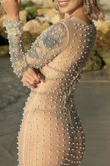 Sexy Round Neck Long Sleeve Faux Pearl Split Sheer Mesh Maxi Dress - Nude