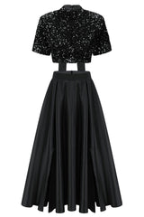 Sparkly Bow Trim Sequin Crop Top Satin Split Skirt Two Piece Maxi Dress - Black