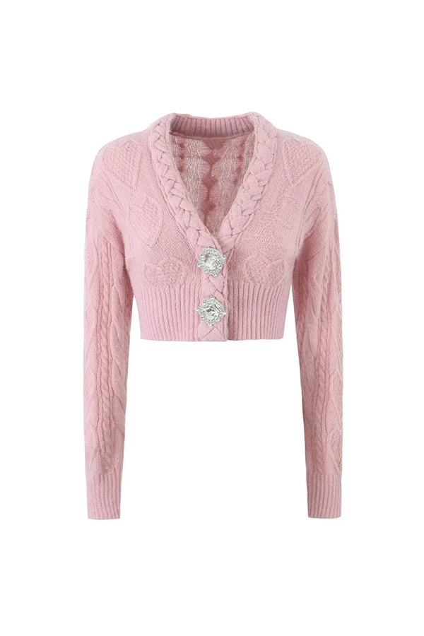 Sparkly Button Braided Cable Knit V Neck Heart Fisherman Crop Cardigan