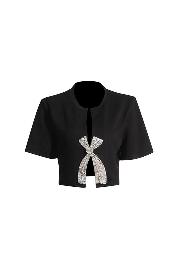 Sparkly Crew Neck Split Crystal Bow Embellished Short Sleeve Crop T Shirt