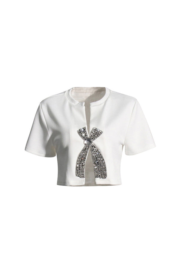 Sparkly Crew Neck Split Crystal Bow Embellished Short Sleeve Crop T Shirt