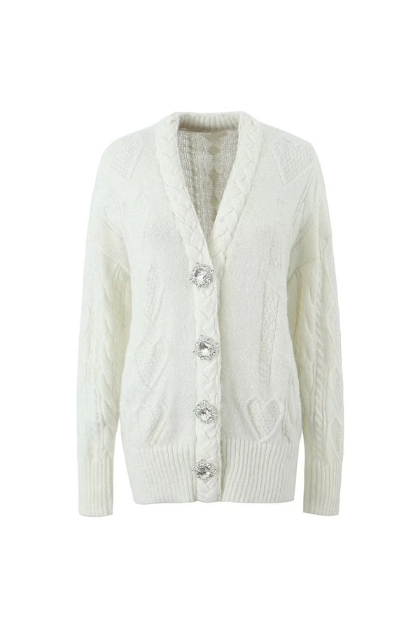 Sparkly Crystal Button Braided Cable Knit V Neck Heart Fisherman Cardigan