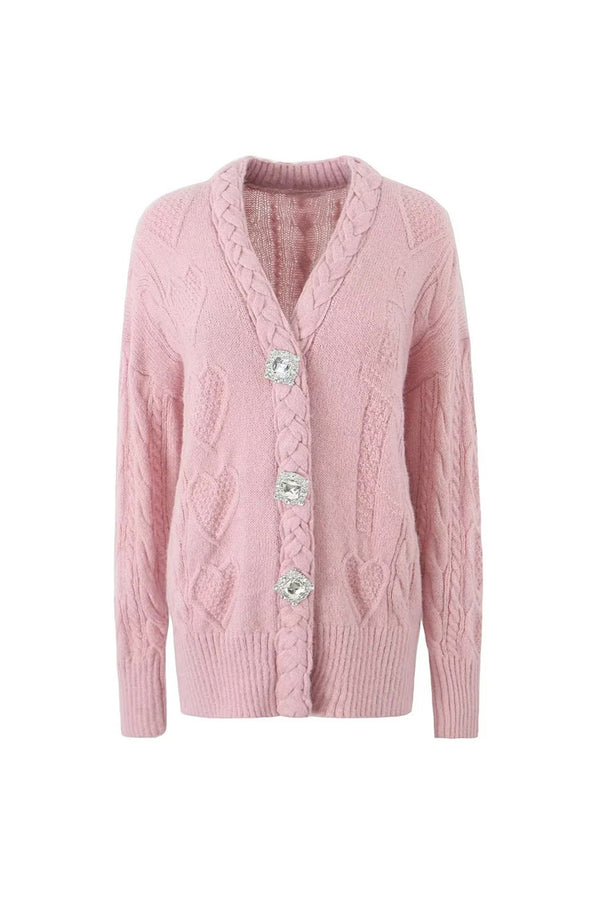 Sparkly Crystal Button Braided Cable Knit V Neck Heart Fisherman Cardigan
