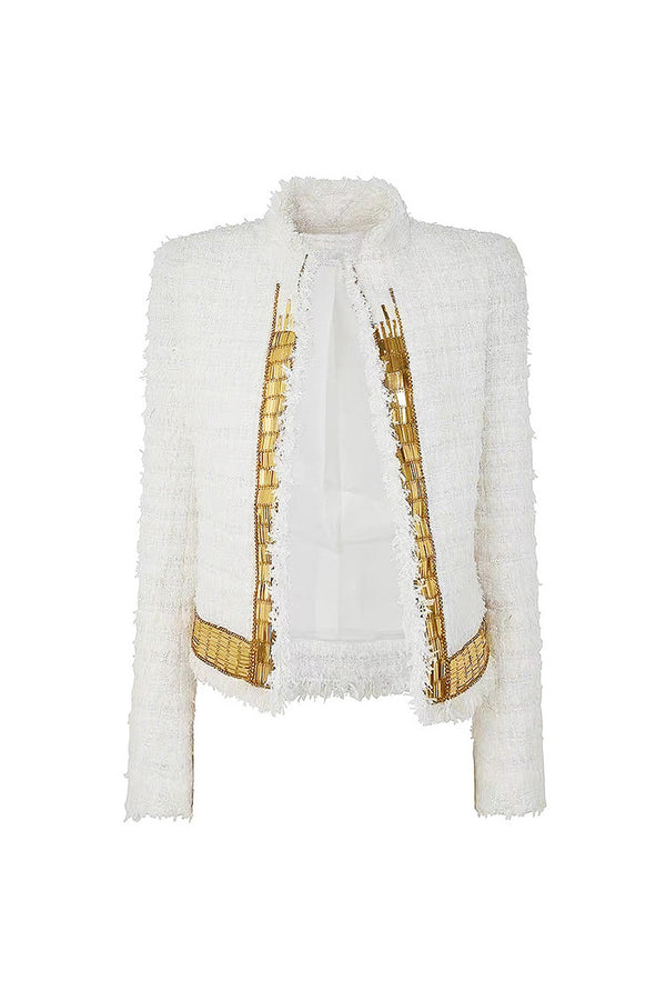 Sparkly Crystal Sequin Embellished Open Front Crop Eyelash Tweed Jacket