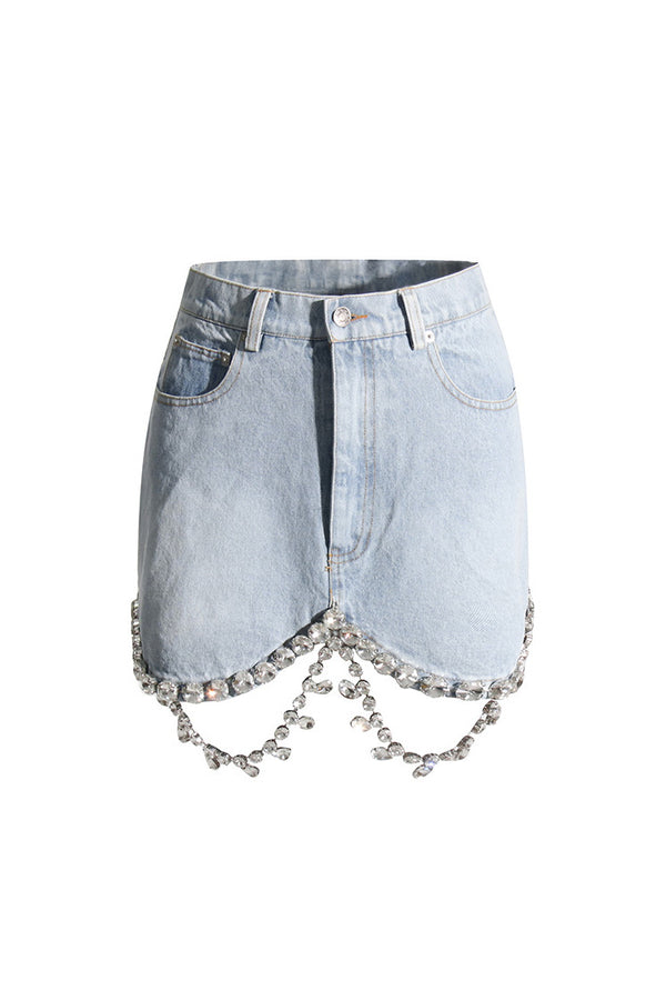 Sparkly Dangled Diamante High Waist Bodycon Micro Short Denim Skirt