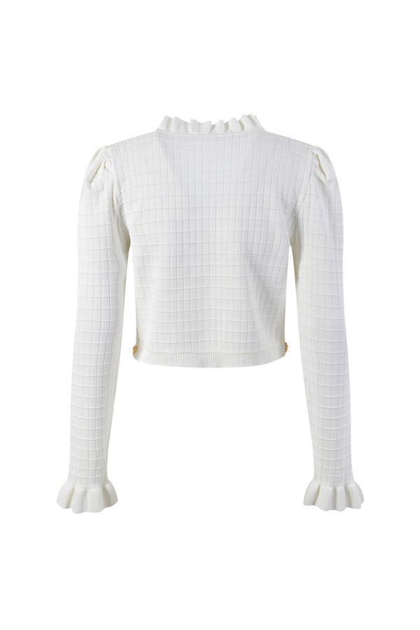 Sparkly Embellished Ruffle Trim Long Sleeve Ice Silk Knit Crop Cardigan