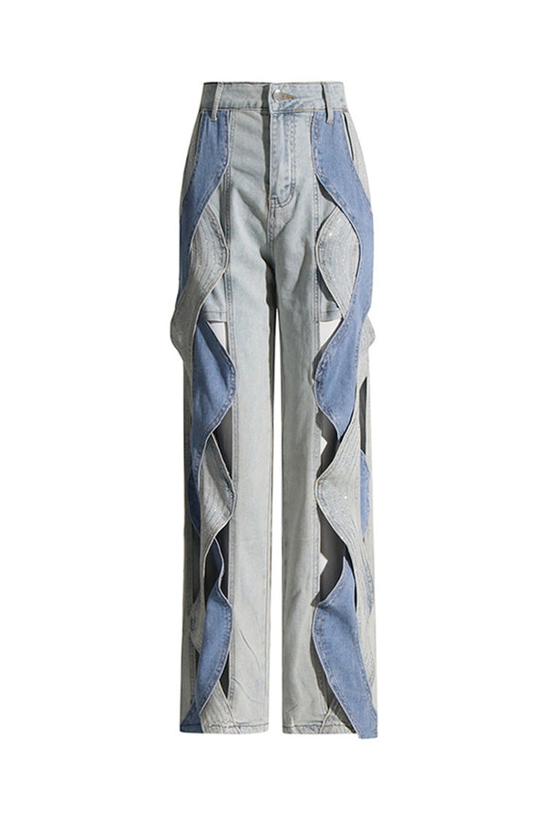 Sparkly Rhinestone Bicolor Cutout Spiral High Waist Straight Leg Hybrid Jeans
